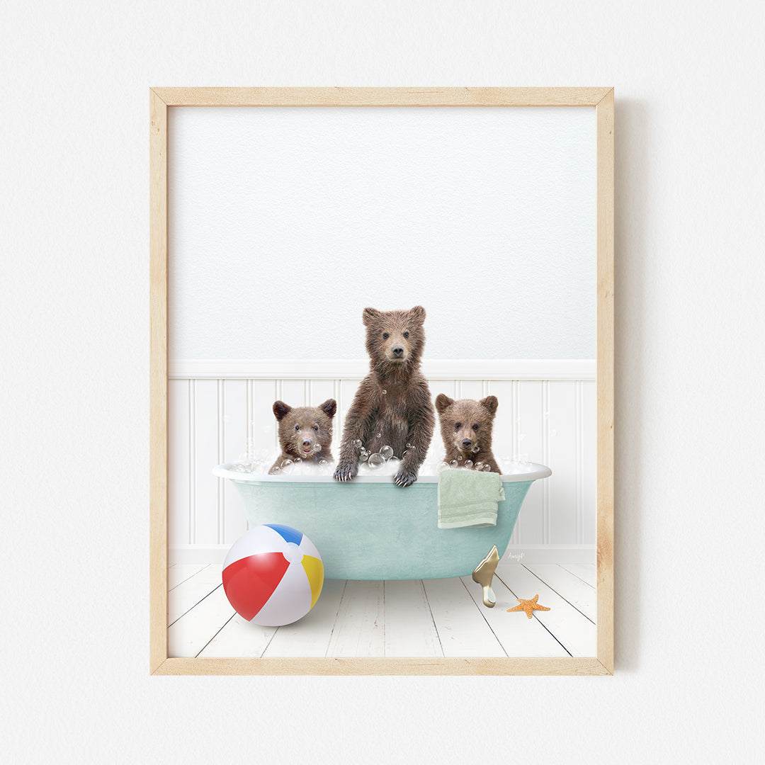 a picture of three bears in a bathtub with a beach ball