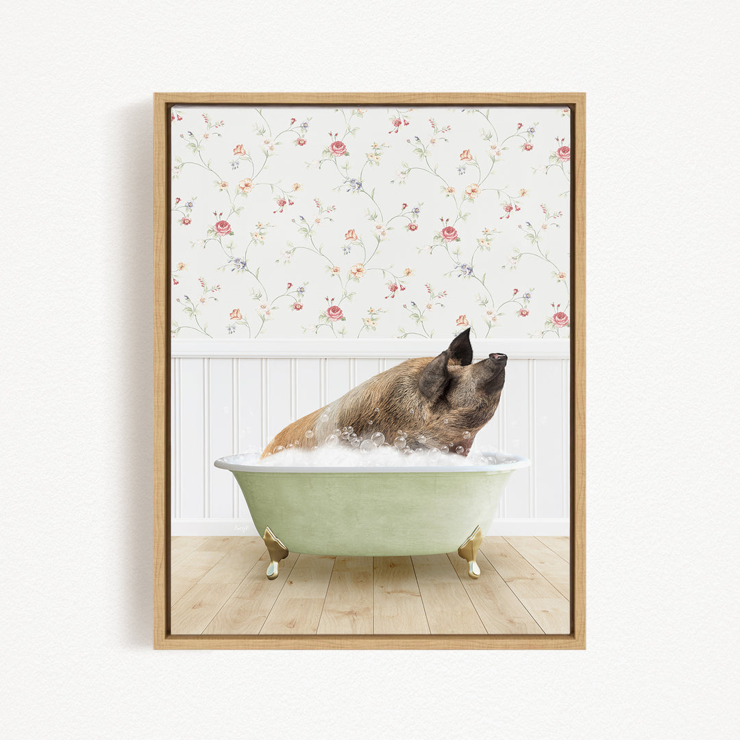 A brown dog is sitting in a green bathtub filled with water, looking up at the camera.