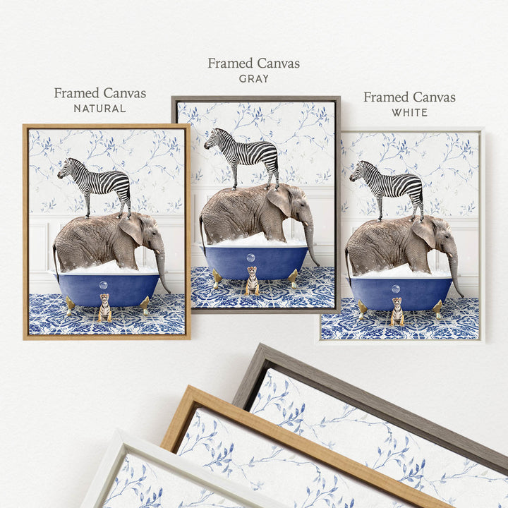 The image is a framed canvas depicting a zebra standing on an elephant's back while both animals are in a blue bathtub.