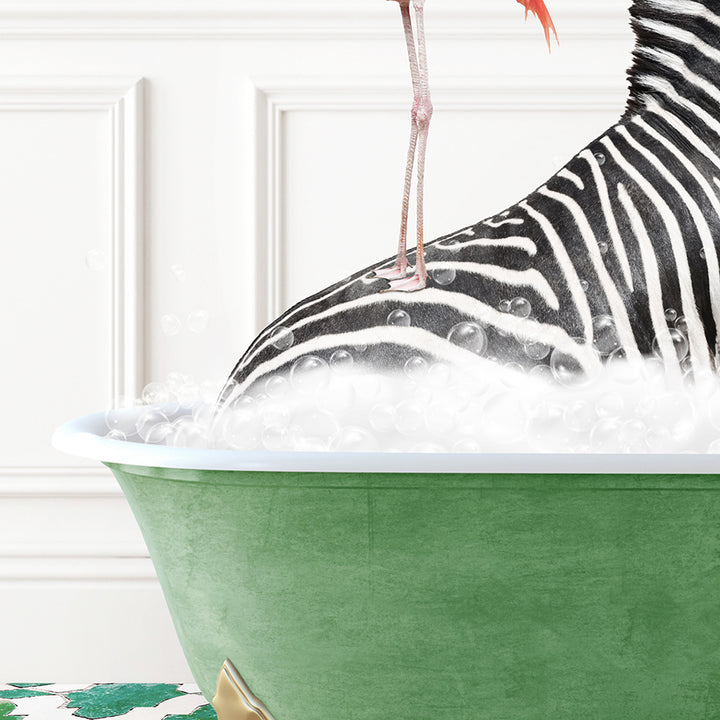 a zebra in a bathtub with bubbles and a pink flamingo