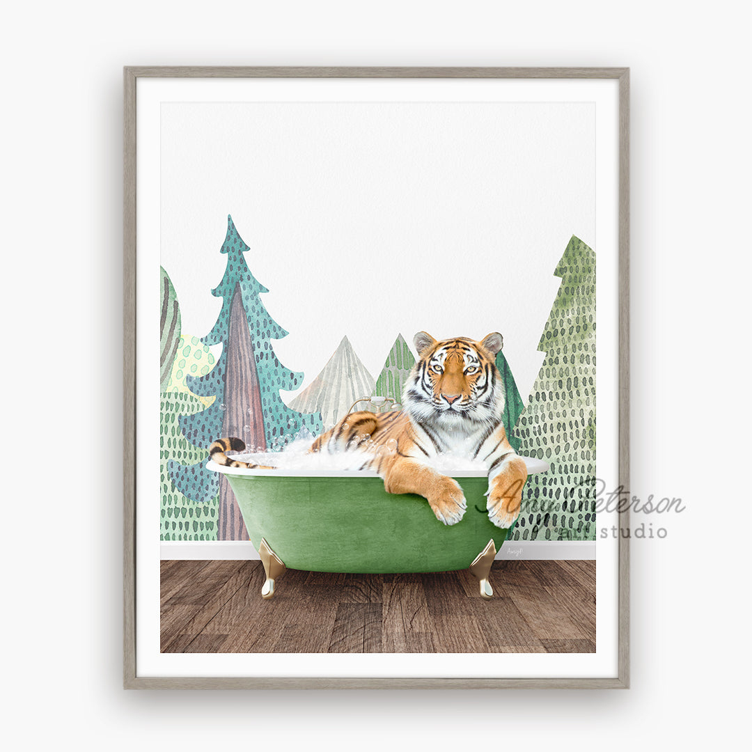 a painting of a tiger taking a bath in a green tub