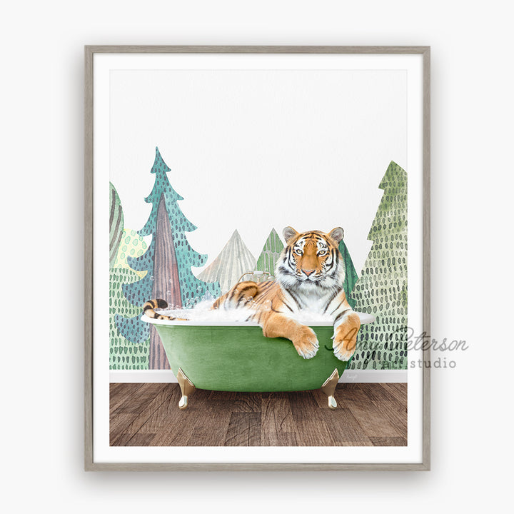 a painting of a tiger taking a bath in a green tub