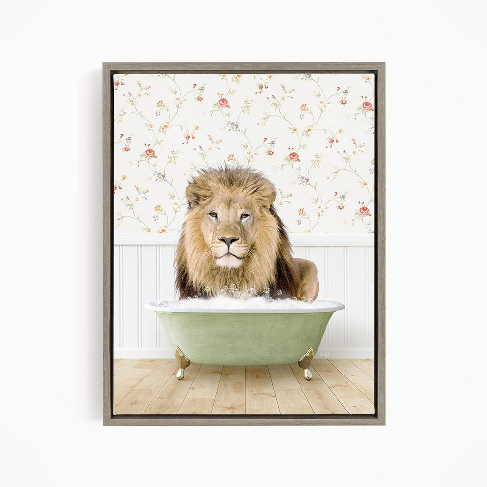 A lion is sitting in a green bathtub filled with water, surrounded by a floral wallpaper.