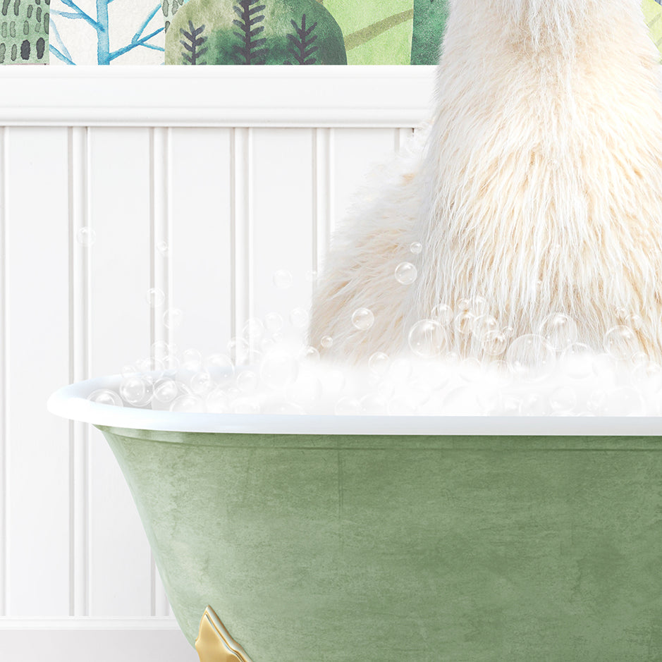 a white dog sitting in a green bath tub