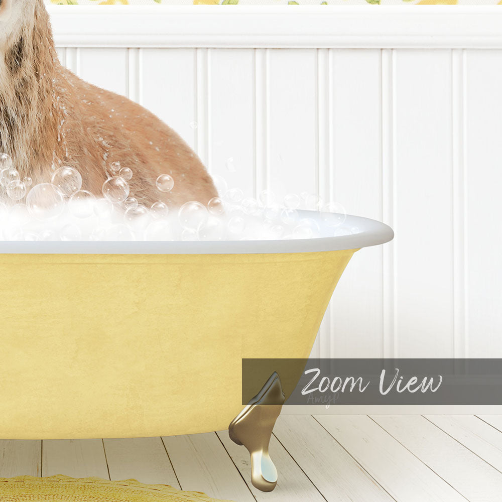 A dog is sitting in a yellow bathtub filled with bubbles, enjoying a bath.