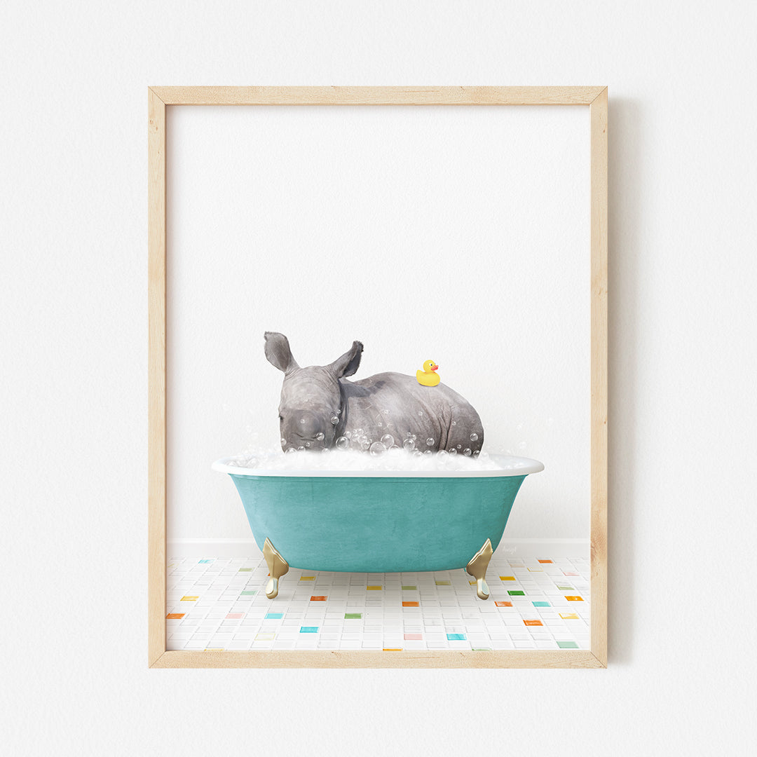 a picture of a rhino in a bathtub with a rubber duck