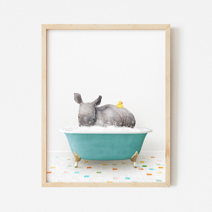 a picture of a rhino in a bathtub with a rubber duck