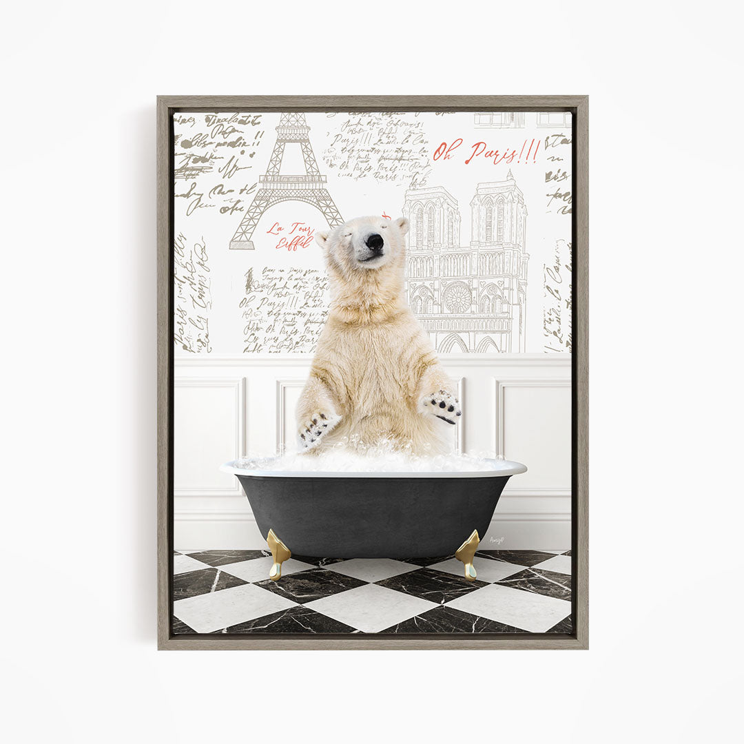 A polar bear sitting in a bathtub filled with water, surrounded by a checkered floor and a wall with the Eiffel Tower and other Parisian landmarks.