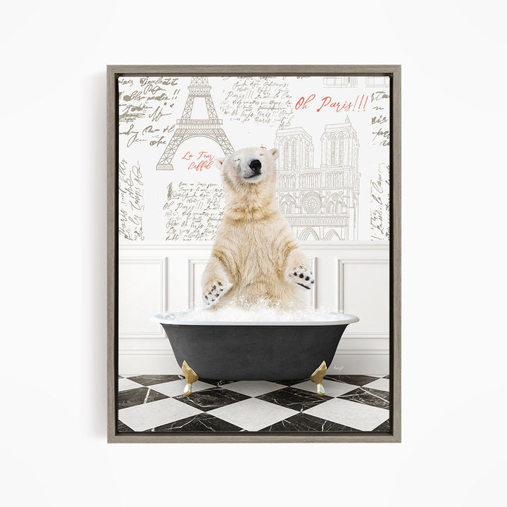 A polar bear sitting in a bathtub filled with water, surrounded by a checkered floor and a wall with the Eiffel Tower and other Parisian landmarks.