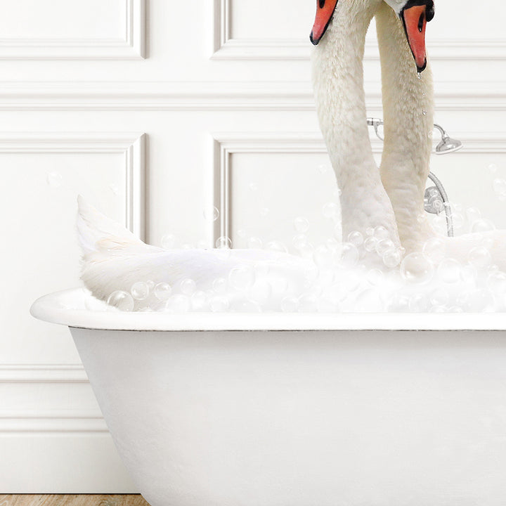 a white swan in a bath tub with bubbles