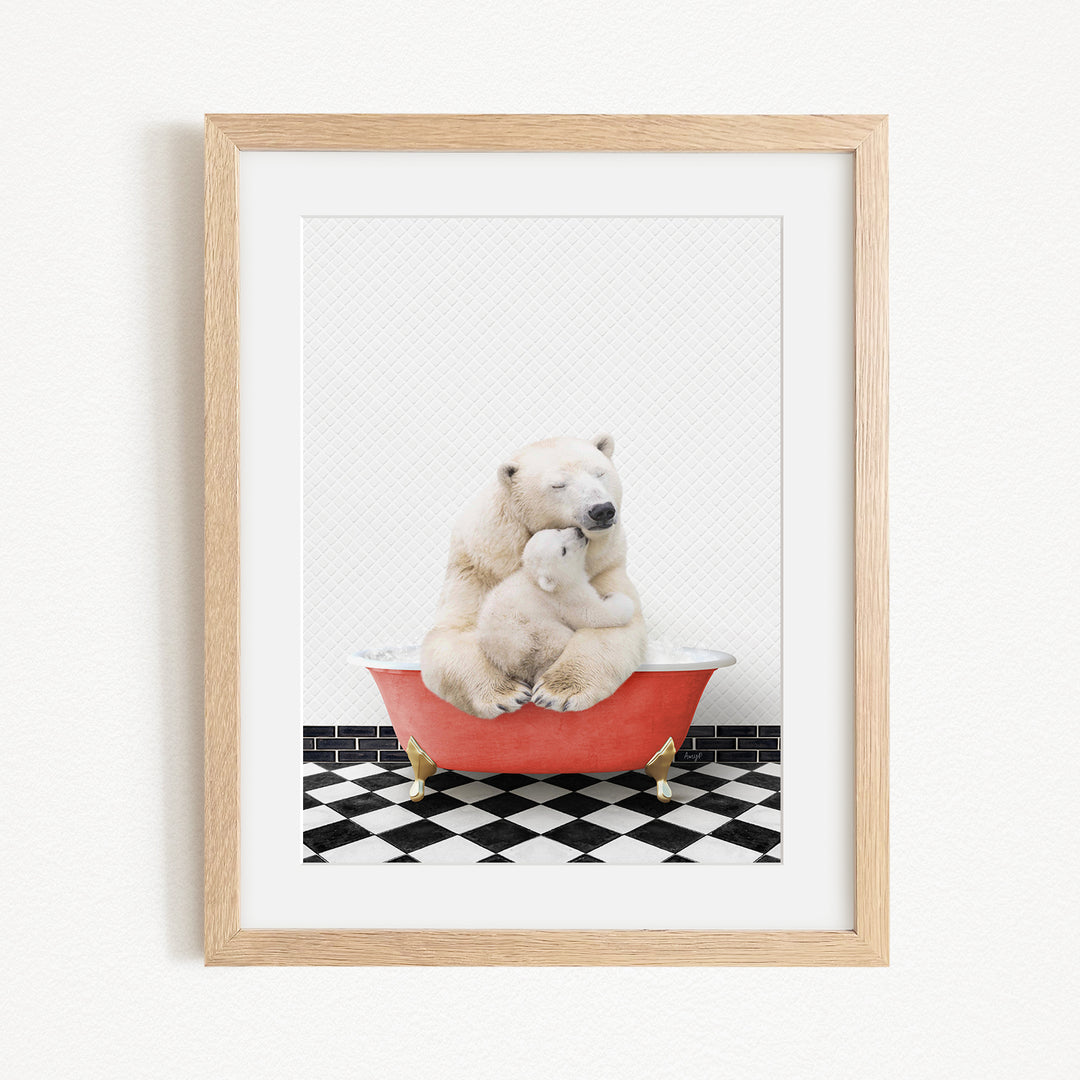 A framed image depicting two polar bears sitting in a red bathtub on a black and white checkered floor.