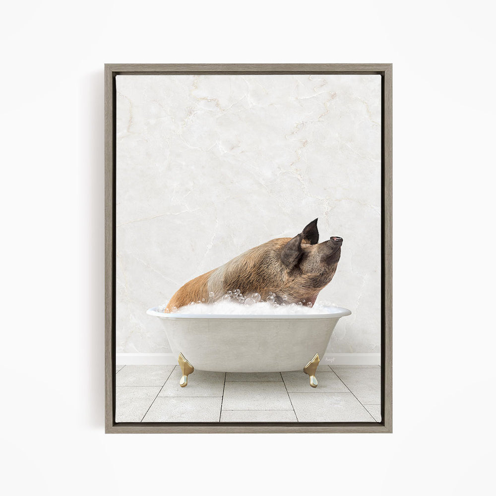 A brown pig sitting in a white bathtub filled with water, looking up at the camera.