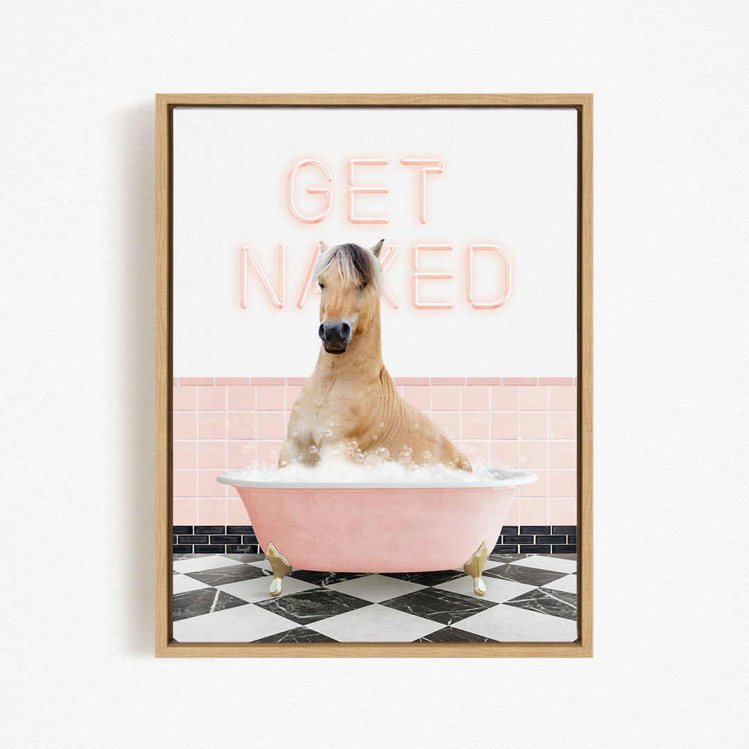 A horse sitting in a pink bathtub with the text "GET NAKED" displayed above it.