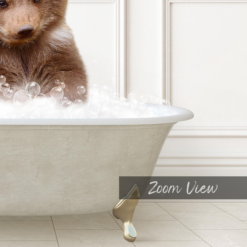 A brown bear sitting in a bathtub filled with bubbles, with the text "Zoom View" displayed below the image.
