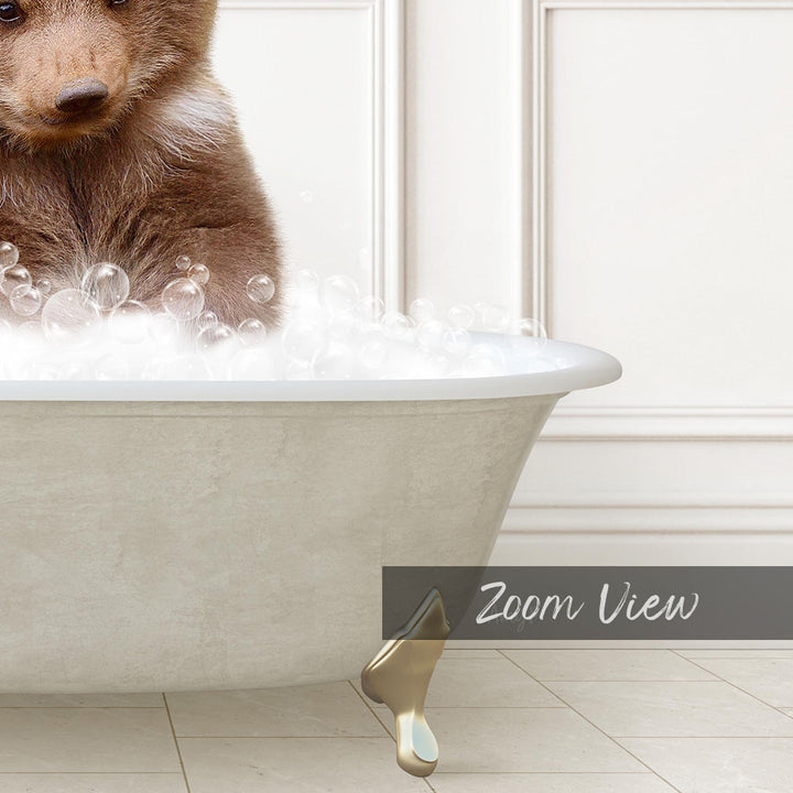 A brown bear sitting in a bathtub filled with bubbles, with the text "Zoom View" displayed below the image.