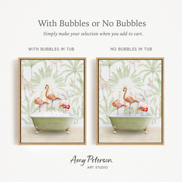 The image is a framed print featuring a vibrant and whimsical scene of flamingos in a bathtub, with the text "With Bubbles or No Bubbles" and "With Bubbles in Tub" indicating the presence of bubbles in the tub.