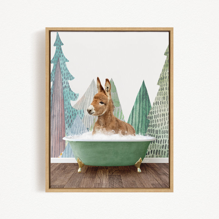 A donkey is sitting in a green bathtub, surrounded by a forest-themed background with trees and snow.