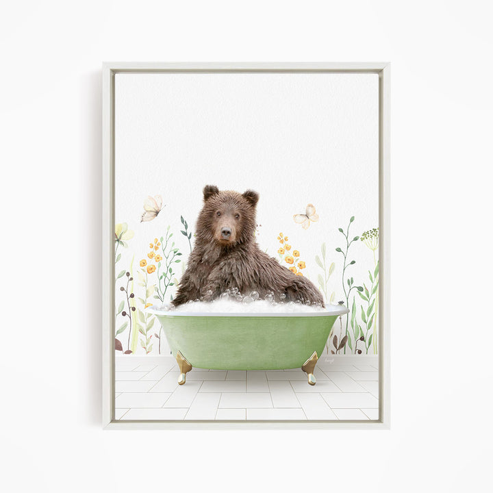 A brown bear sitting in a green bathtub filled with bubbles, surrounded by flowers and butterflies.