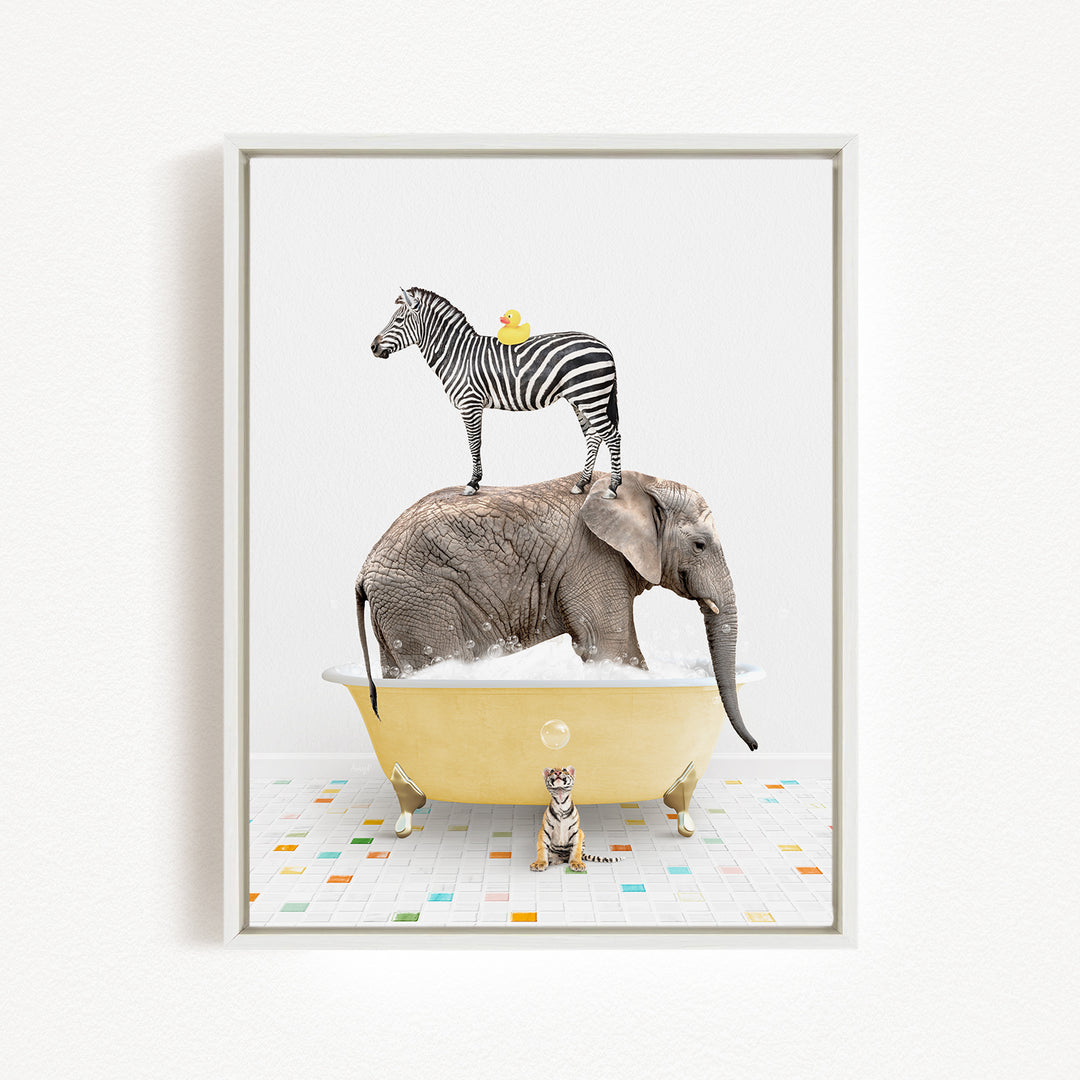 A zebra stands on the back of an elephant, which is submerged in a bathtub, with a small tiger sitting nearby.