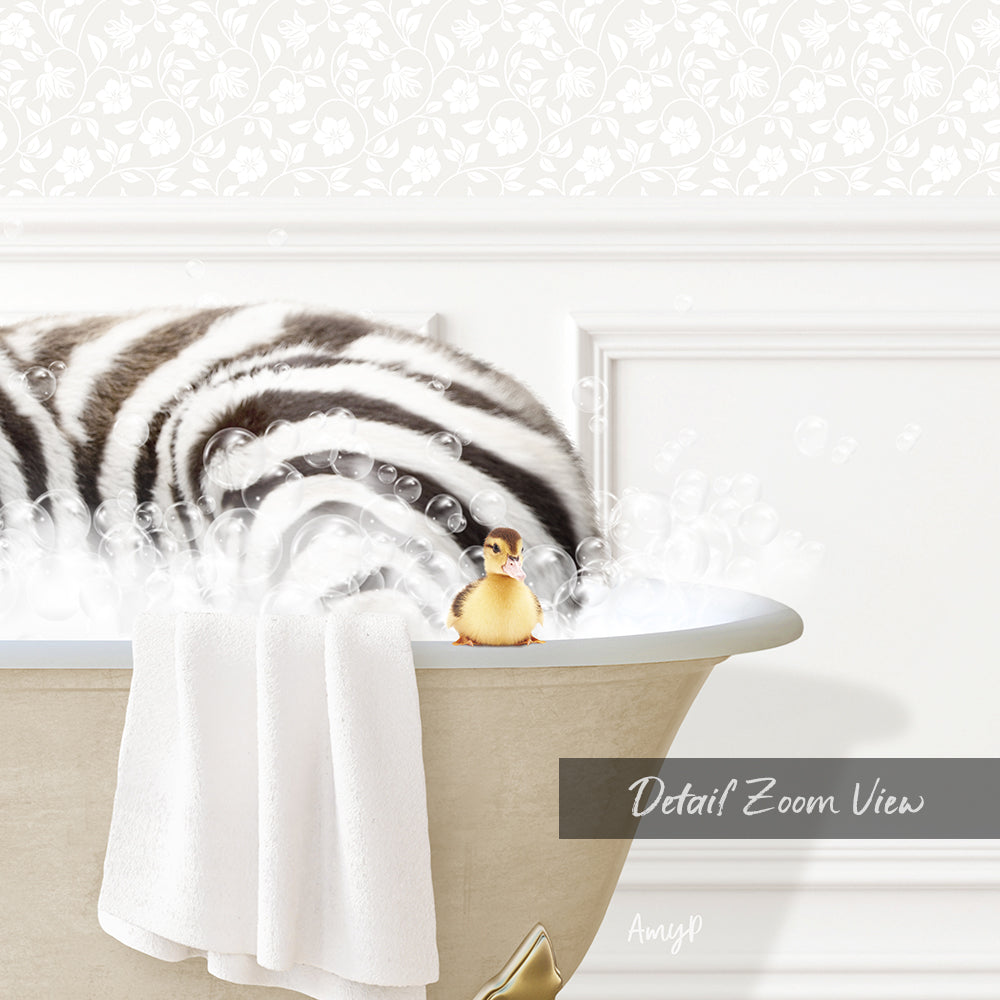 A zebra-striped animal is sitting in a bathtub filled with bubbles, with a small yellow bird perched on the edge of the tub.