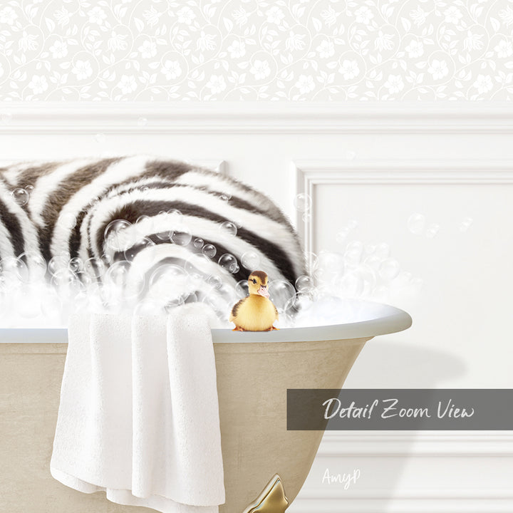 A zebra-striped animal is sitting in a bathtub filled with bubbles, with a small yellow bird perched on the edge of the tub.