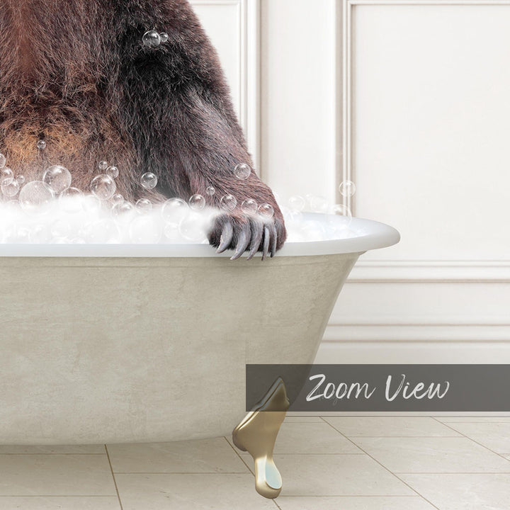 A close-up of a bear's paw in a bathtub filled with bubbles, with the text "Zoom View" overlaid on the image.