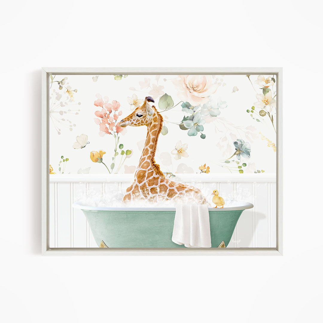 A giraffe sitting in a green bathtub filled with bubbles, surrounded by flowers and greenery.