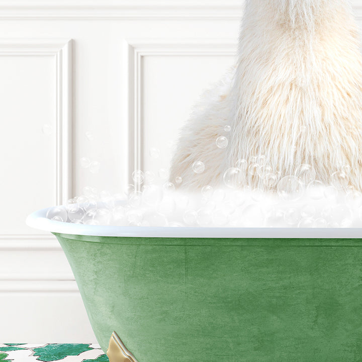 a polar bear sitting in a bathtub full of bubbles