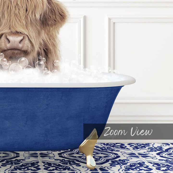 A close-up of a furry animal, possibly a dog, sitting in a blue bathtub filled with bubbles, with a text overlay that reads "Zoom View".