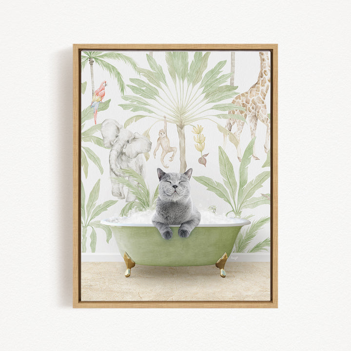 A gray cat sitting in a green bathtub, surrounded by various animals and plants, creating a whimsical and playful scene.