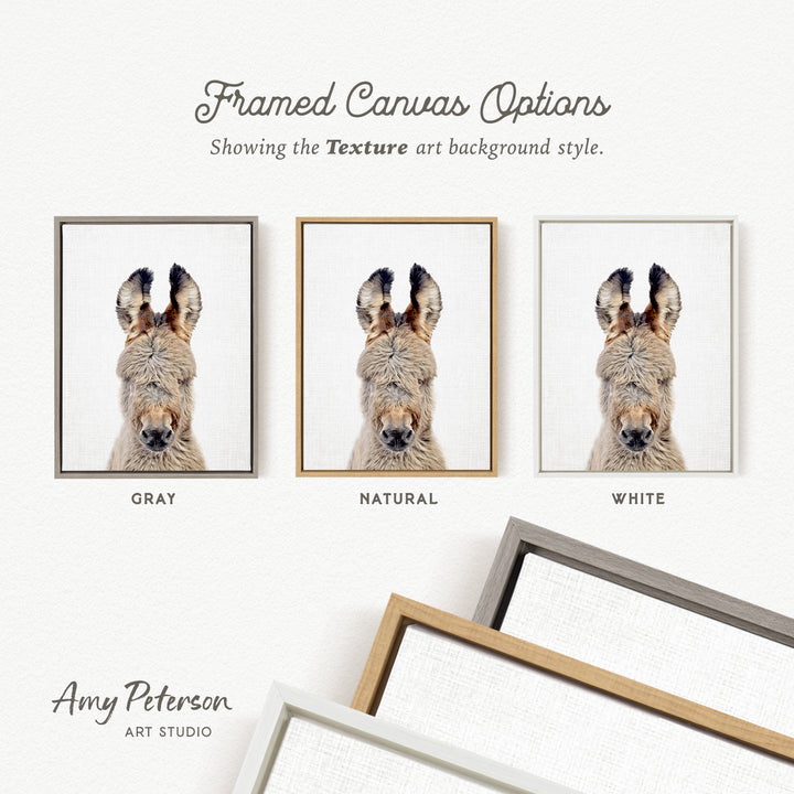 three framed canvas options, each with a different color and frame style, showcasing the texture art background style.