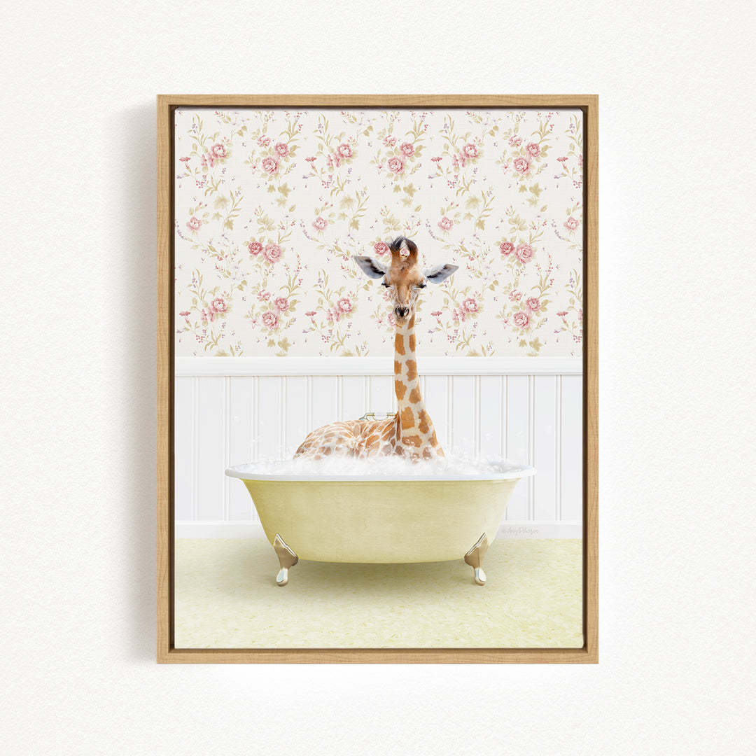A giraffe sitting in a bathtub filled with bubbles, surrounded by a floral wallpaper.