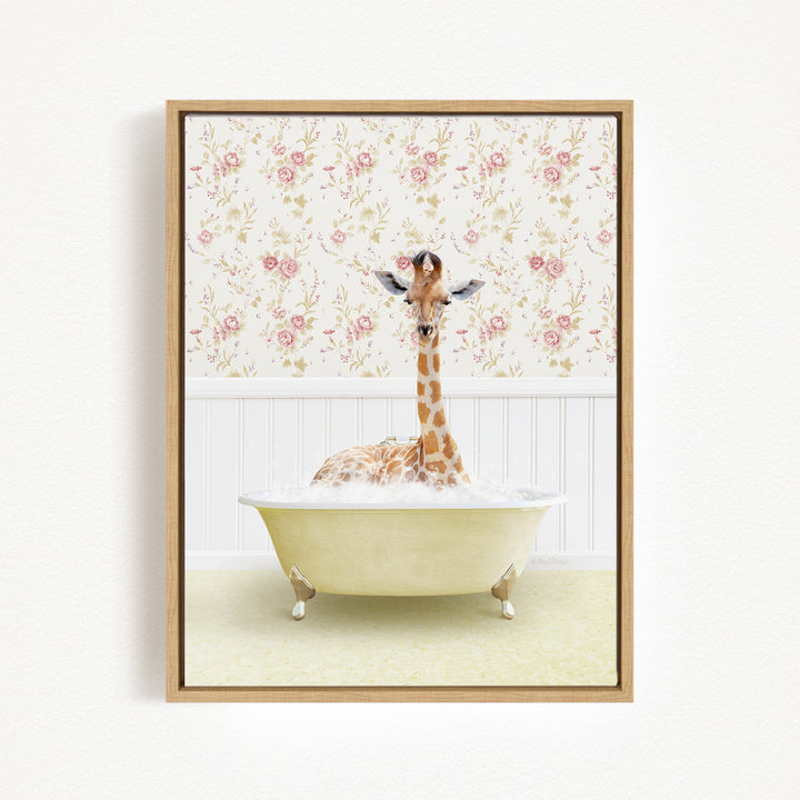 A giraffe sitting in a bathtub filled with bubbles, surrounded by a floral wallpaper.