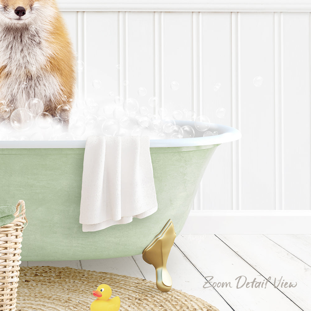 A dog is sitting in a green bathtub filled with bubbles, surrounded by a yellow rubber duck and a white towel.
