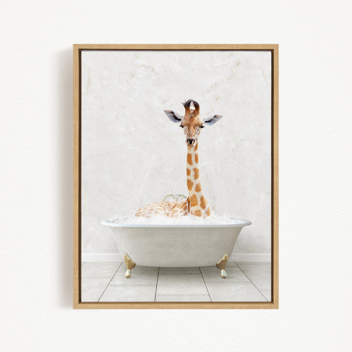 A giraffe is sitting in a white bathtub filled with water, creating a whimsical and playful scene.