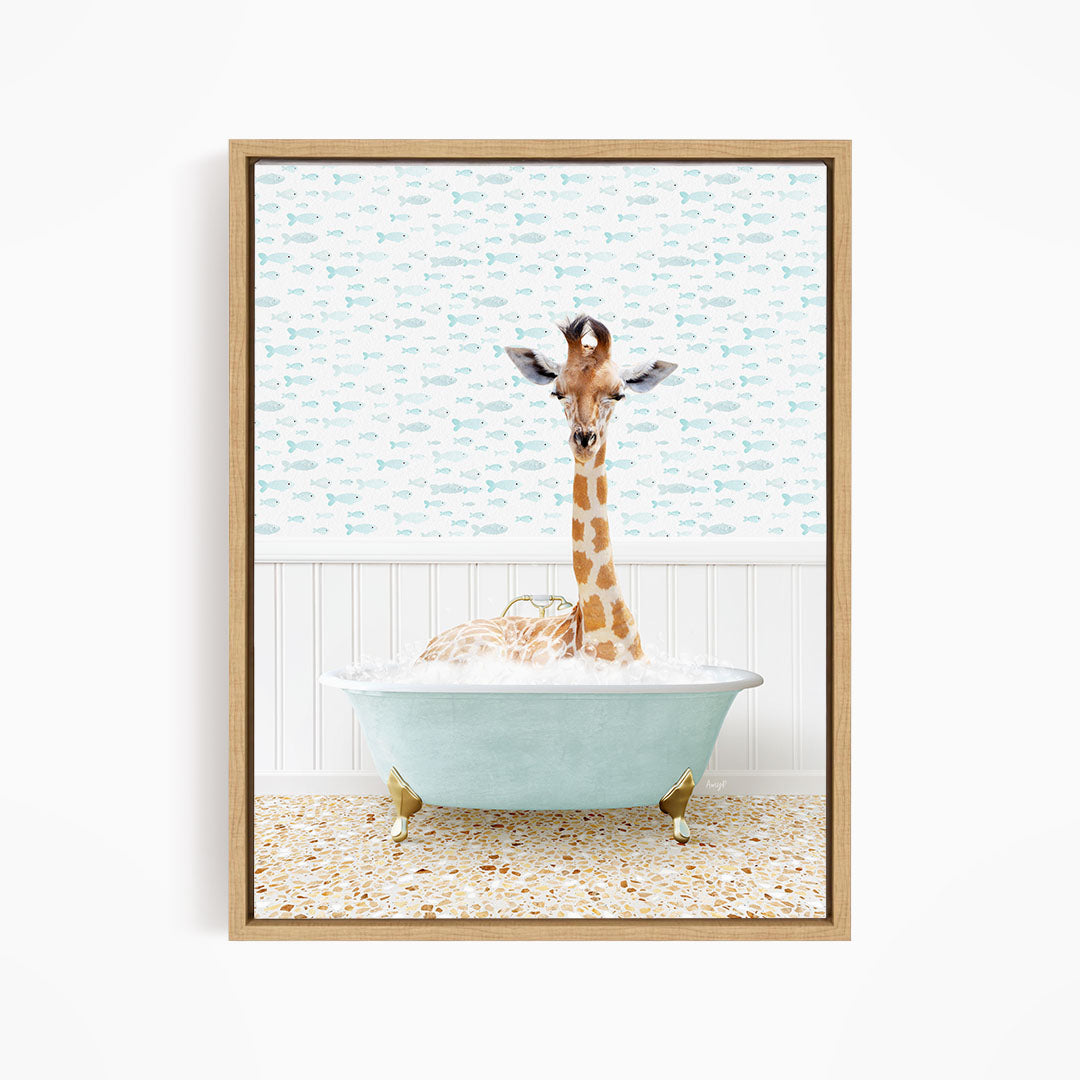 A giraffe is sitting in a light blue bathtub filled with water, surrounded by a pattern of small fish.