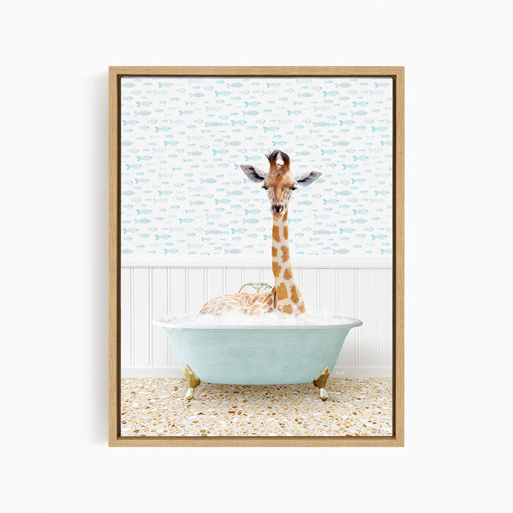 A giraffe is sitting in a light blue bathtub filled with water, surrounded by a pattern of small fish.