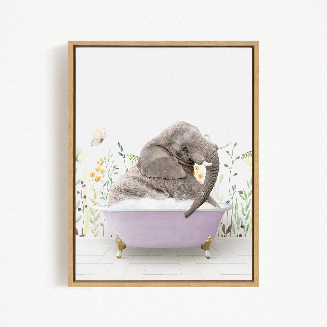 A gray elephant is sitting in a pink bathtub filled with bubbles, surrounded by flowers and butterflies.
