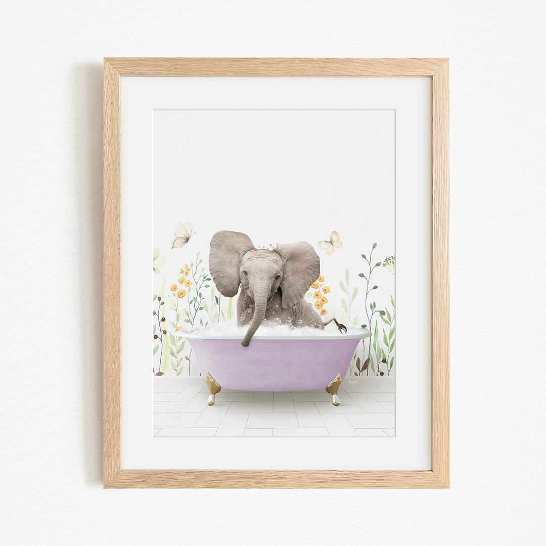 A gray elephant is sitting in a purple bathtub filled with water, surrounded by flowers and butterflies.