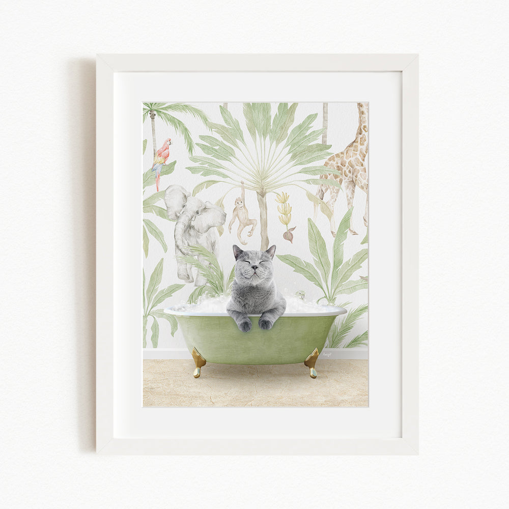 A framed print depicting a gray cat sitting in a green bathtub, surrounded by a tropical jungle scene with various animals and plants.
