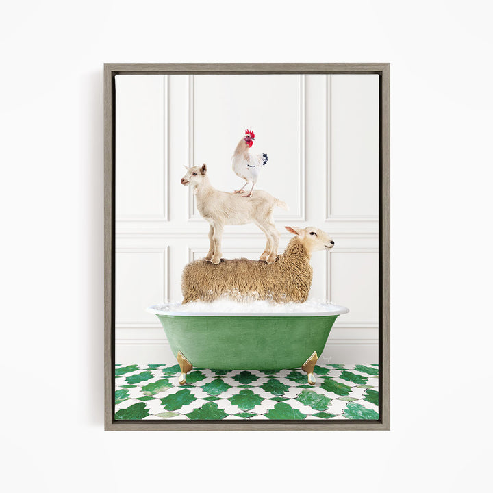A framed image depicting a sheep standing on a goat's back, with a rooster perched on top of the goat, all atop a green bathtub filled with water.