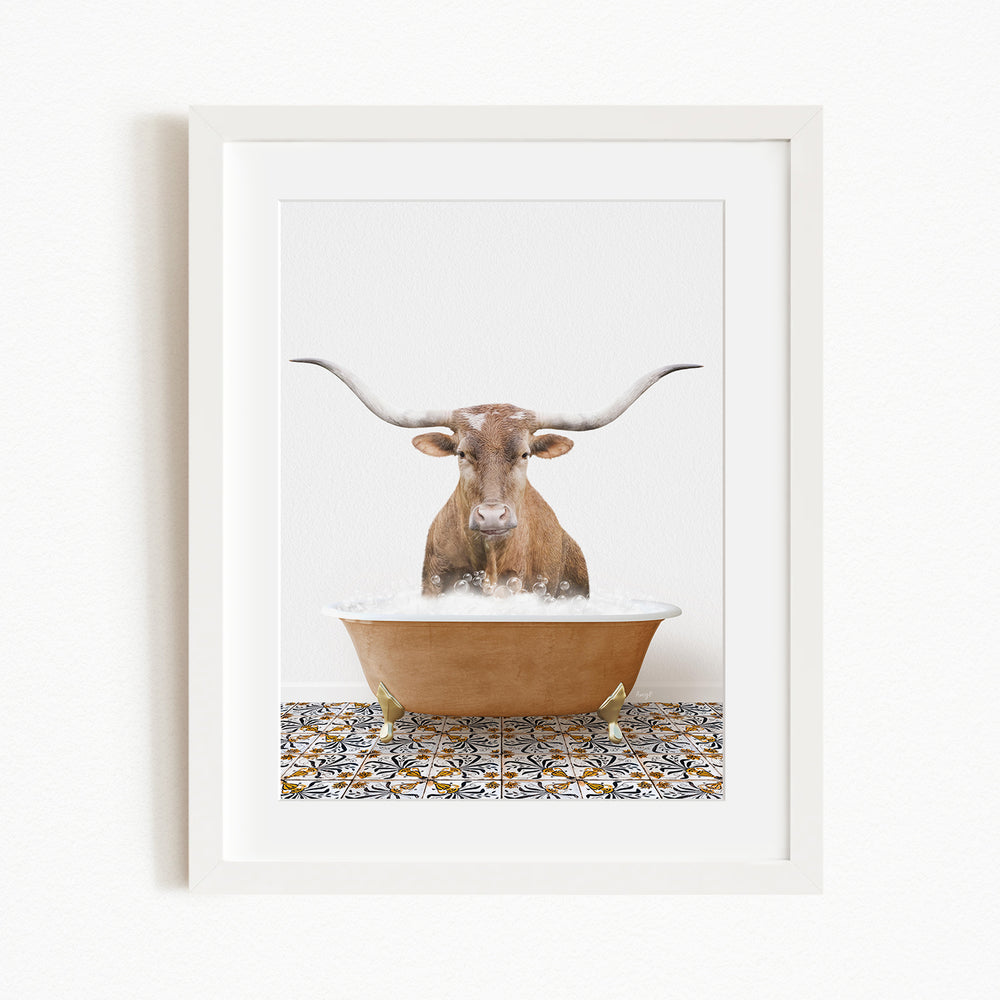 A brown cow with large horns is sitting in a bathtub filled with water, creating a whimsical and humorous scene.