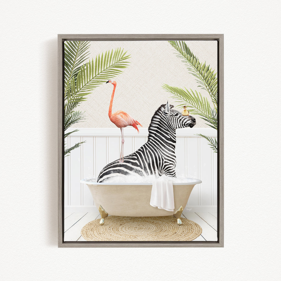 A zebra is sitting in a bathtub, surrounded by a pink flamingo and green palm leaves, creating a whimsical and playful scene.