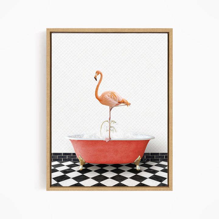 A flamingo standing on the rim of a red bathtub filled with water, set against a black and white checkered floor.