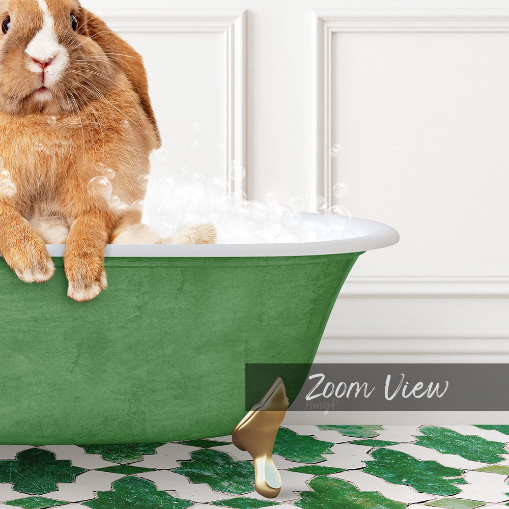 A cute orange rabbit sitting in a green bathtub filled with bubbles, with a white wall and a patterned floor in the background.