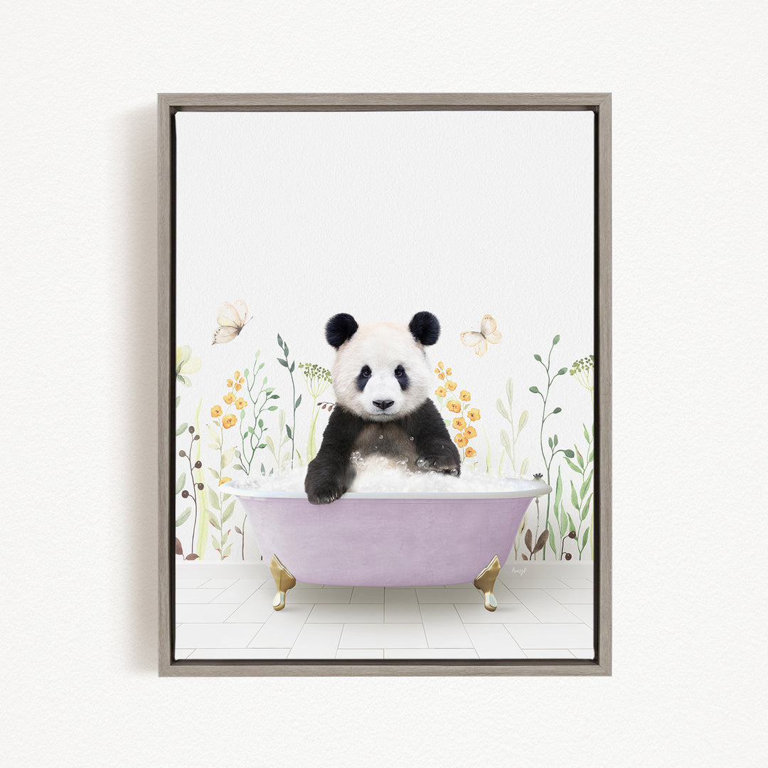 A panda bear sitting in a bathtub filled with bubbles, surrounded by flowers and butterflies.