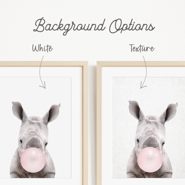 a rhinoceros blowing a bubble with a pink bubble gum bubble.