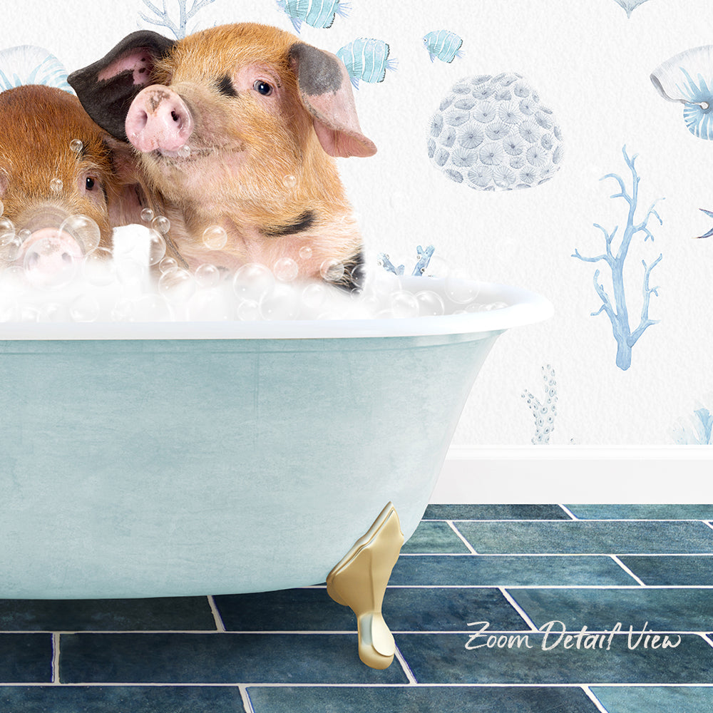 A pair of adorable pigs enjoying a relaxing bath in a blue clawfoot tub, surrounded by a whimsical underwater scene with fish and coral.