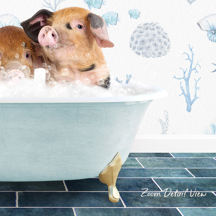A pair of adorable pigs enjoying a relaxing bath in a blue clawfoot tub, surrounded by a whimsical underwater scene with fish and coral.