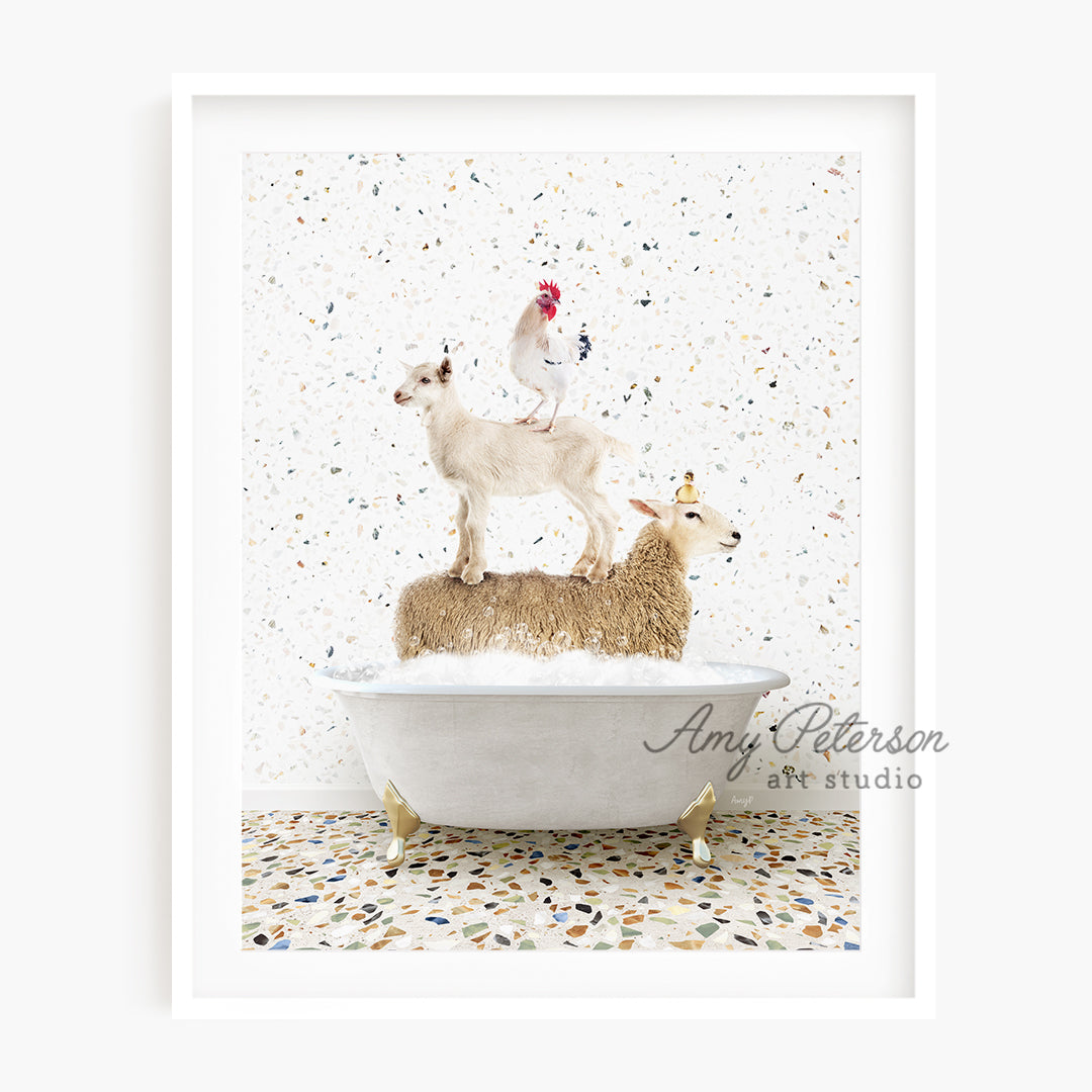 a goat and a sheep on top of a bathtub